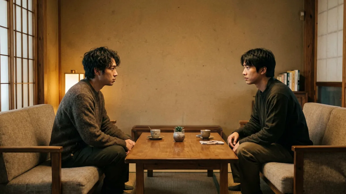 北条麻妃作品中慢节奏叙事风格的典型场景：精装日式室内布景与两人对话情绪积累的画面构图